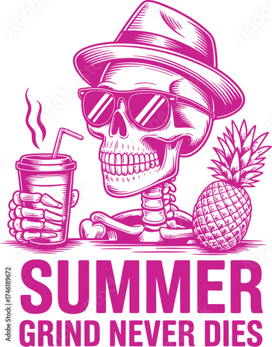 Summer grind never dies skeleton wearing sunglasses holding coffee enjoying summer vector design
