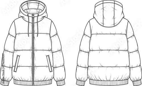 Puffer jacket technical flat sketch, hood with drawstrings, quilted outerwear design, ribbed cuffs hem, zipper closure, apparel cad garment construction illustration