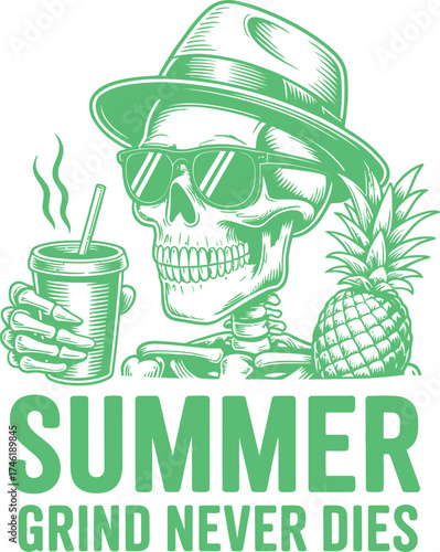 Summer grind never dies skeleton wearing sunglasses holding coffee enjoying summer vector design

