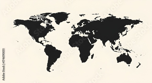Simple World Map Graphic with Black Continents on a Smooth Light Cream Background