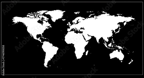 Minimalist World Map Illustration with White Continents on Isolated Black Background