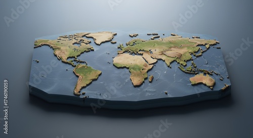 Detailed 3D Physical World Map Displaying Topographic Features on a Dark Grey Surface