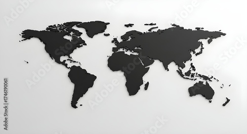 Modern 3D World Map with Black Continents and Subtle Shadows on Isolated White Background