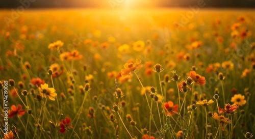 Vibrant Field of Wildflowers Blooming at Golden Hour with Soft Sunset Light in Outdoors