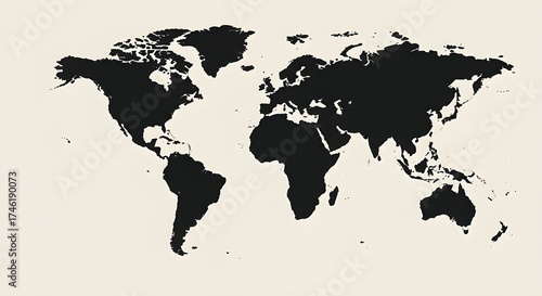 Minimalist World Map with Black Continents on a Clean Light Beige Background