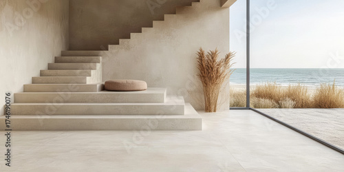 Modern interior design features minimalistic staircase with coastal view in tranquil setting