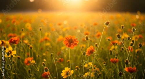 Picturesque Meadow of Wildflowers Under Warm Sunset Radiance in a Serene Outdoor Setting
