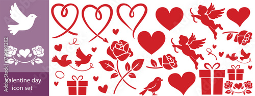 Valentine's Day set with heart and other elements on a white background. Valentine's day, wedding and love concept. Vector illustrations