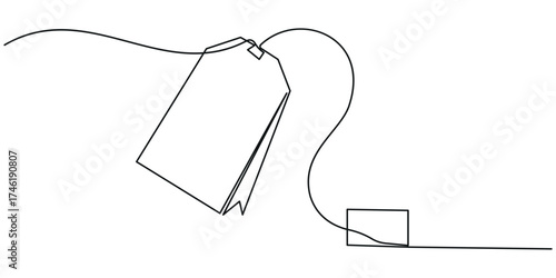 Continuous one line drawing of paper tea bag, Discount tag icon line continuous drawing vector. One line price tag icon vector background.
