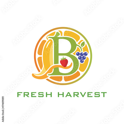 Modern Fruit Harvest Vector Logo Design Template with Initial  Letter B and Mixed Fruits.