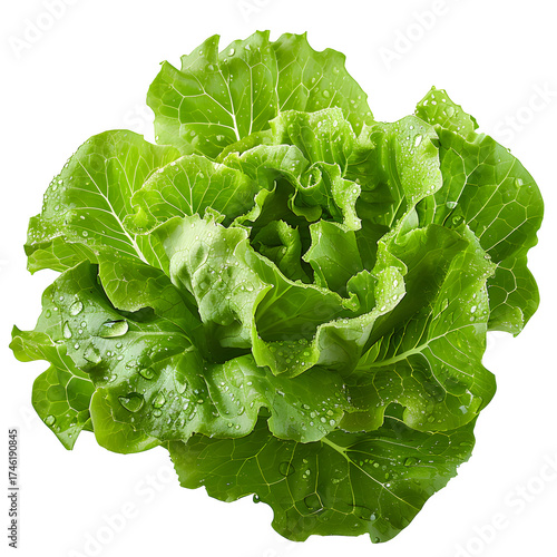 Fresh romaine lettuce water droplets salad preparation diet isolated transparent background product in clear view with natural colors and sharp focus on a plain background. Simple clean style for stoc
