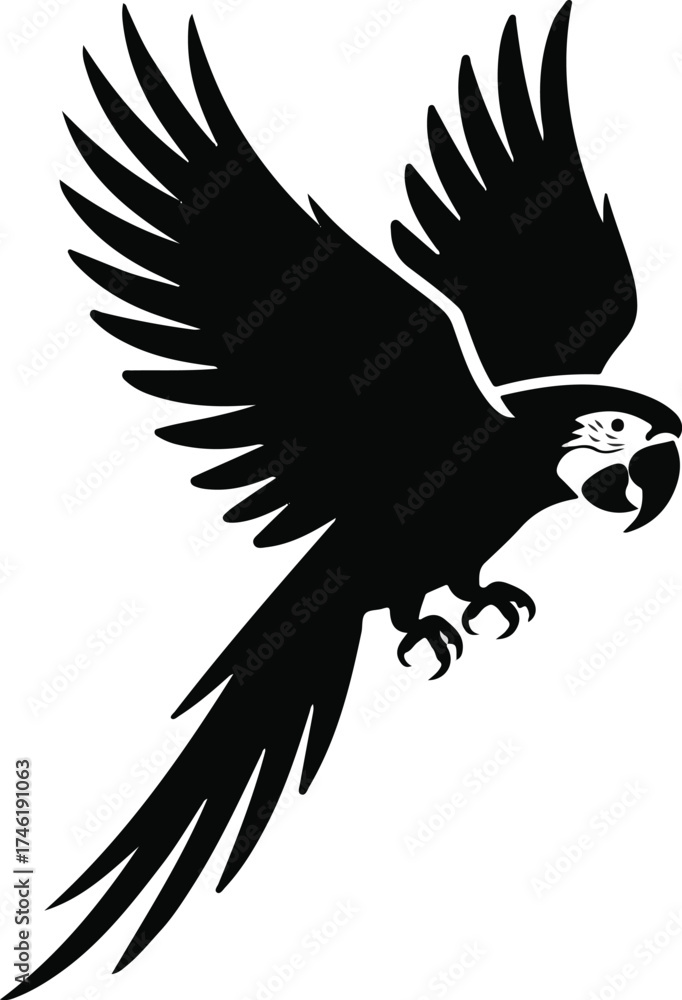 Obraz premium Black and White Macaw Parrot Silhouette – Dynamic Flying Bird Illustration