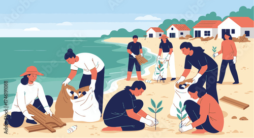 Dedicated volunteers collaborating on a beach restoration project, collecting plastic waste and planting new saplings by the sea
