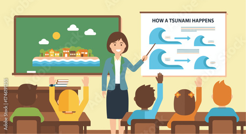 A teacher explains how a tsunami happens to students in a classroom, using a diagram and pointing with a stick.