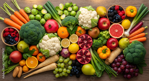 Abundant overhead flat lay of colorful organic fruits and vegetables for healthy eating and vegan diet.