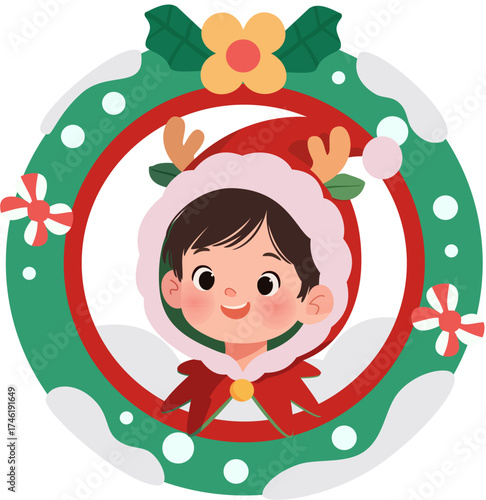 Cute child wearing reindeer hood inside a Christmas wreath, cartoon style, festive holiday theme, joyful winter illustration.