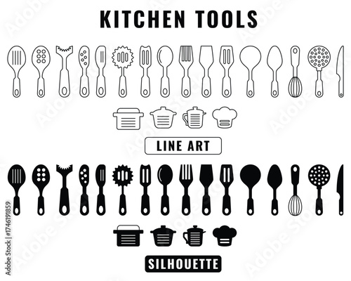 Editable vector icon set of essential kitchen tools and cookware. Features spoons, spatulas, ladles, whisk, knife, pots, and a chef hat. Perfect for projects like cooking, food blogs, restaurants.
