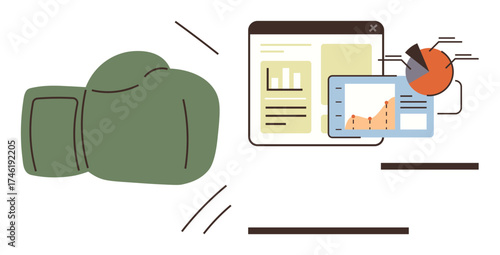 Green boxing glove hitting data dashboard with graphs, pie chart visualizes productivity, growth. Ideal for business competition, analytics, strategy, innovation, challenge, impact simple flat