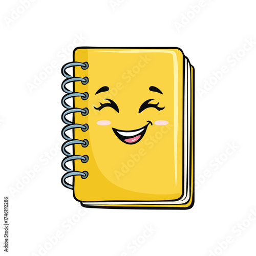 Cheerful Notebook: An upbeat notebook character with a smiling face and delightful expression, perfect for adding a touch of happiness.