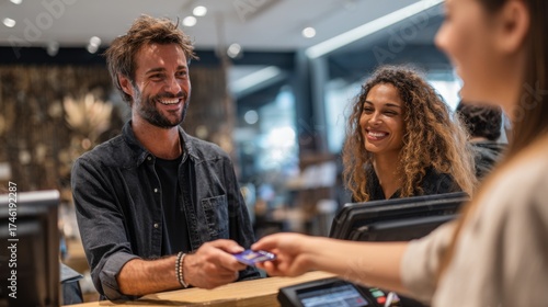 Man paying with credit card at counter while woman smiling nearby  