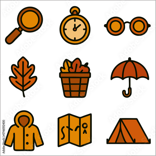 Flat Autumn Journey Icon Set, Cozy Fall Adventure in Bold Line Minimalist Style