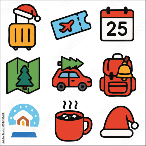 Flat Christmas Holiday Travel Icon Set, Bold Line Minimalist Festive Vacation Symbols