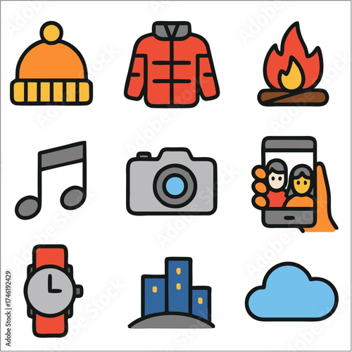 Flat End Year Trip Icon Set, Bold Line Minimalist Icons for Travel and Celebration