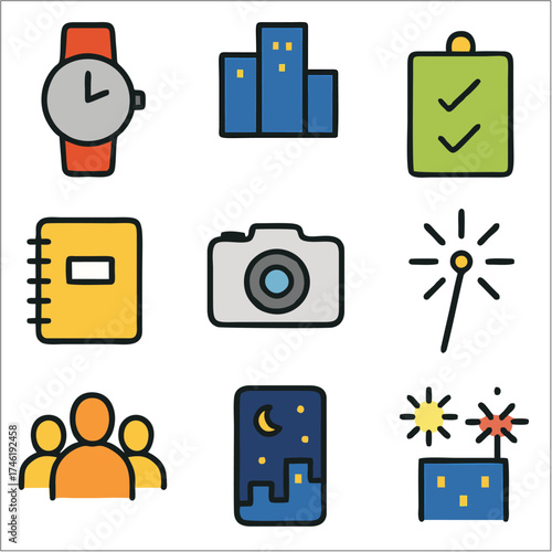 Flat End Year Trip Icon Set, Bold Line Minimalist Icons for Travel and Celebration