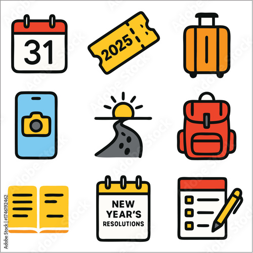 Flat End Year Trip Icon Set, Bold Line Minimalist Icons for Travel and Celebration