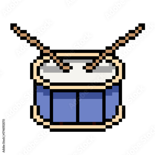 Pixel snare drum vector. Ideal for music, percussion, and rhythm themes. This digital graphic is perfect for game, retro game, or 8 bit design projects and assets.