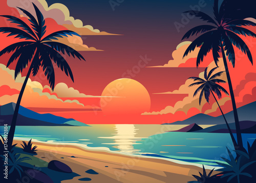 Tropical Beach Sunset Vibrant Abstract Seascape with Palm Trees Silhouettes, Warm Colors, and Gentle Waves for a Relaxing Vacation Atmosphere
