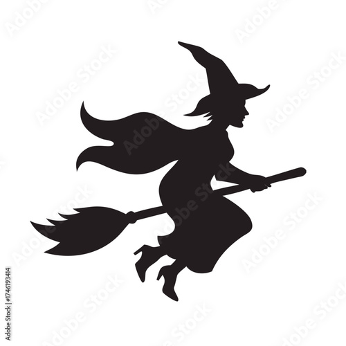 Flying Witch Silhouette on Broomstick  Mystical Minimalist Halloween Illustration