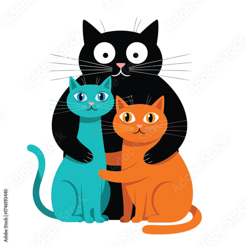 Vector illustration of three cartoon cats, black, blue, and orange, hugging each other