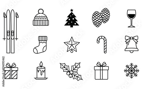 Winter Christmas Holiday Icon Set Line Art Collection for Festive Design Projects