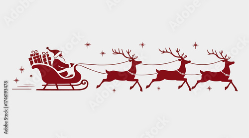 A festive silhouette graphic of Father Christmas on his magical sleigh, journeying through a sparkling night sky with his team of swift reindeer to deliver Christmas presents and holiday cheer