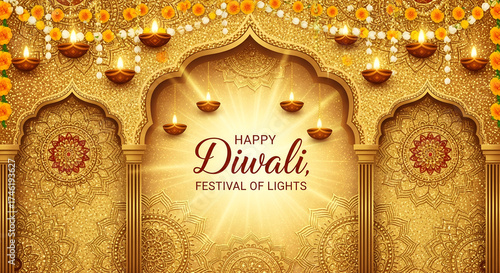 Elegant Happy Diwali greeting card featuring ornate golden arches, glowing diya oil lamps, and marigold garlands on a shimmering background.
