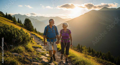 Happy senior couple hiking on a mountain trail at sunset, enjoying the scenic views and golden light.
