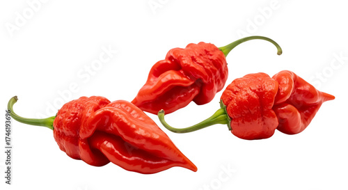 Illustration of three ripe red carolina reaper peppers isolated on transparent background