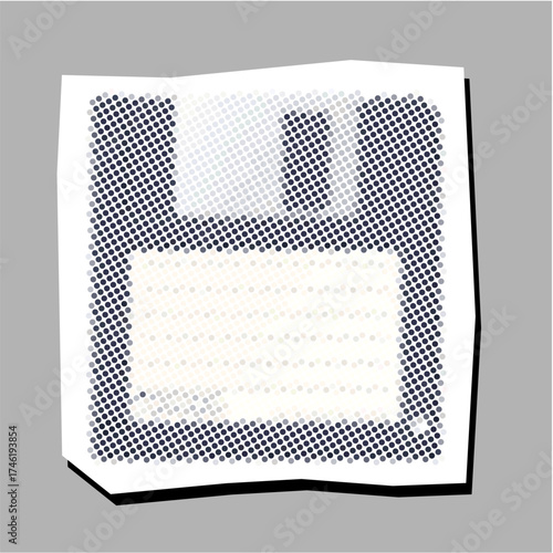 Floppy disk halftone dotted collage element pointillize in paper torn vector. Ideal for data storage, retro technology, and saving themes
