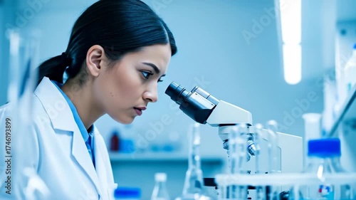 Female scientist looking into a microscope in a modern laboratory. Researcher conducting medical analysis for a new discovery. Science and technology concept