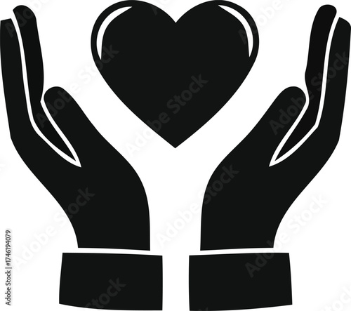 Hands Holding Heart Silhouette: Black Vector Icon of Love, 