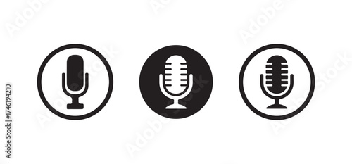 Microphone icon set,  mic icon symbol, record, audio, sound, voice icons,  audio recording podcasting symbol,Vector illustration EPS 10.