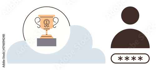 Golden trophy on pedestal within a cloud, representing achievement and success alongside user profile and password security. Ideal for success, recognition, security, cloud storage, login, identity
