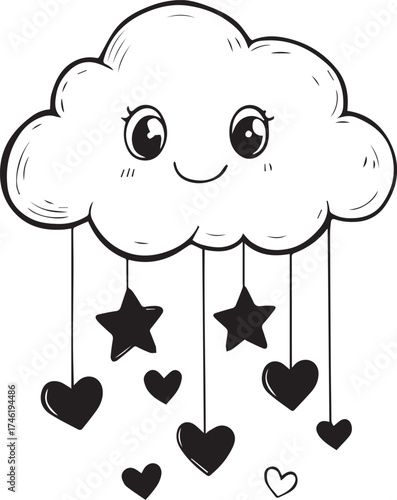 Black and white vector illustration of smiling cartoon cloud with dangling hearts and stars in whimsical style