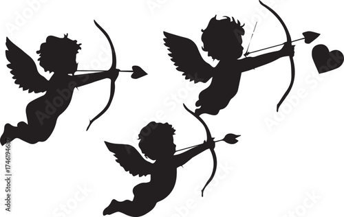 Black and white vector illustration of flying cupids with bows and arrows aiming at heart target