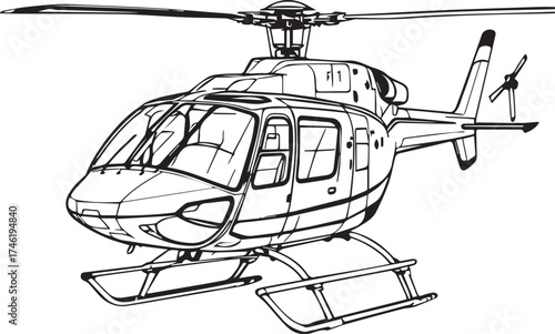 Black and white vector illustration of detailed helicopter with rotor blades, cockpit, skids, and fuselage