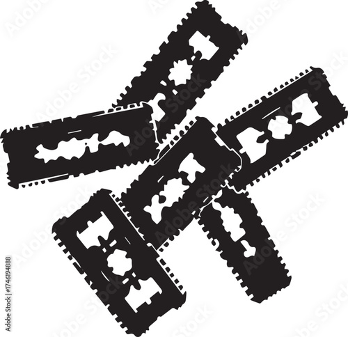 Black and white vector illustration of six double-edged razor blades in scattered symmetrical layout