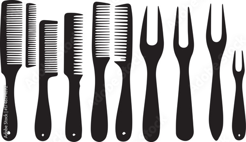 Black and white vector silhouettes of assorted combs and meat forks with varied shapes and handle designs