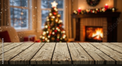 A wooden table with a Christmas tree in the background