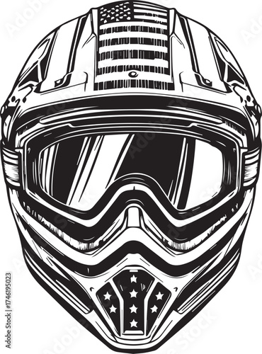 Black and white vector illustration of motocross helmet with goggles and American flag stars and stripes